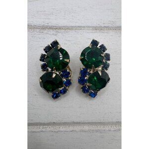 Vintage Silver Tone Green & Blue Rhinestone Clip on Earrings Unsigned